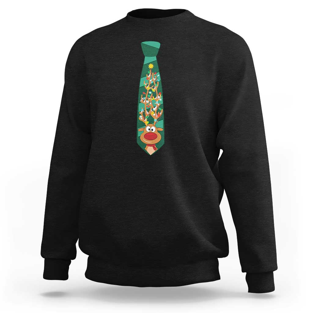 Black crewneck sweatshirt with colorful reindeer “tie” graphic on back