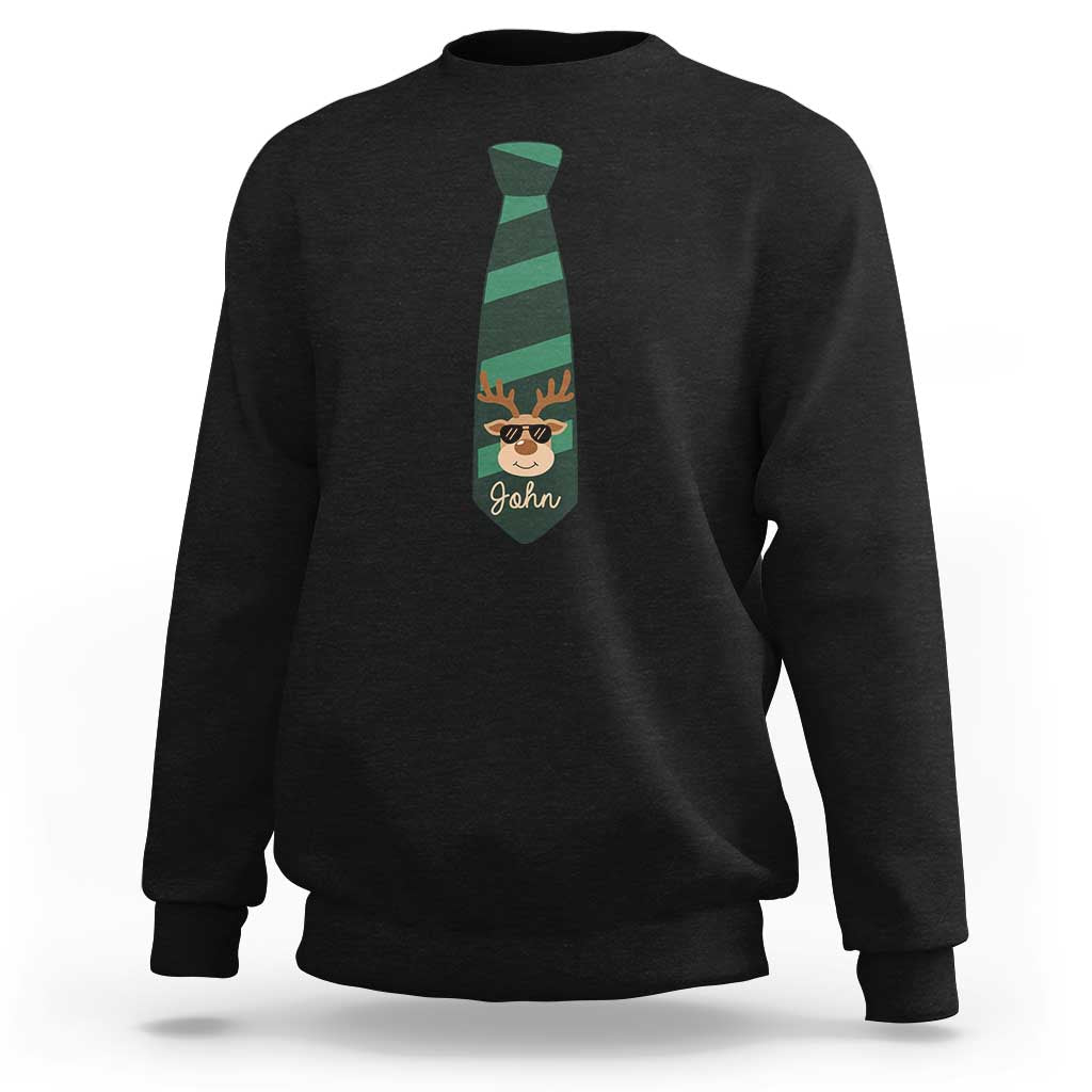 Black crewneck sweatshirt with reindeer and personalized name graphic on back
