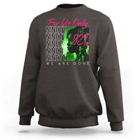 Women's dark brown crewneck sweatshirt with 'For Us Only' back graphic