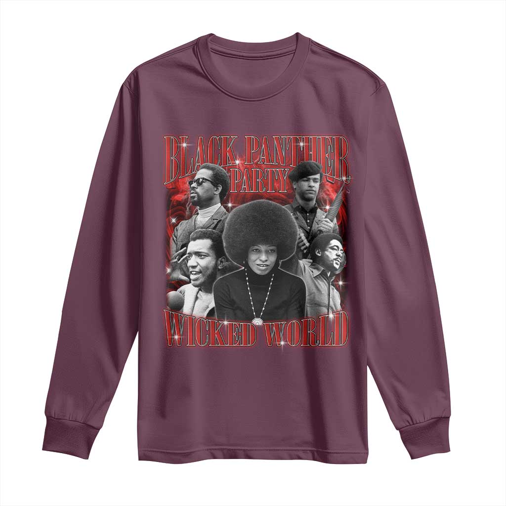 Maroon long sleeve shirt with front graphic print and crew neckline.