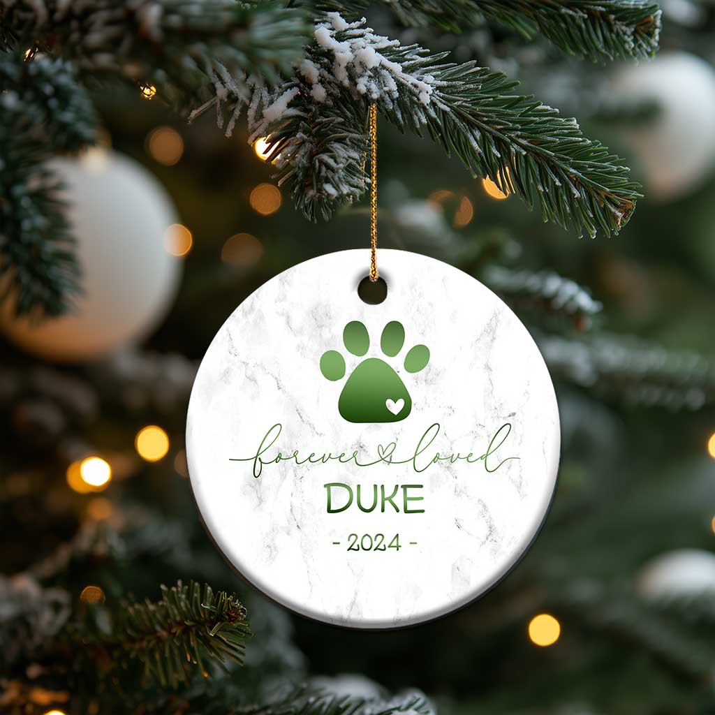 Round marble pet memorial ornament with green paw-heart, forever loved, DURE, 2024
