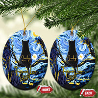 Personalized cat memorial ornament set: two round blue ornaments with black cat silhouette