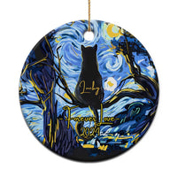 Personalized cat memorial Christmas ornament, round blue artwork with black cat silhouette