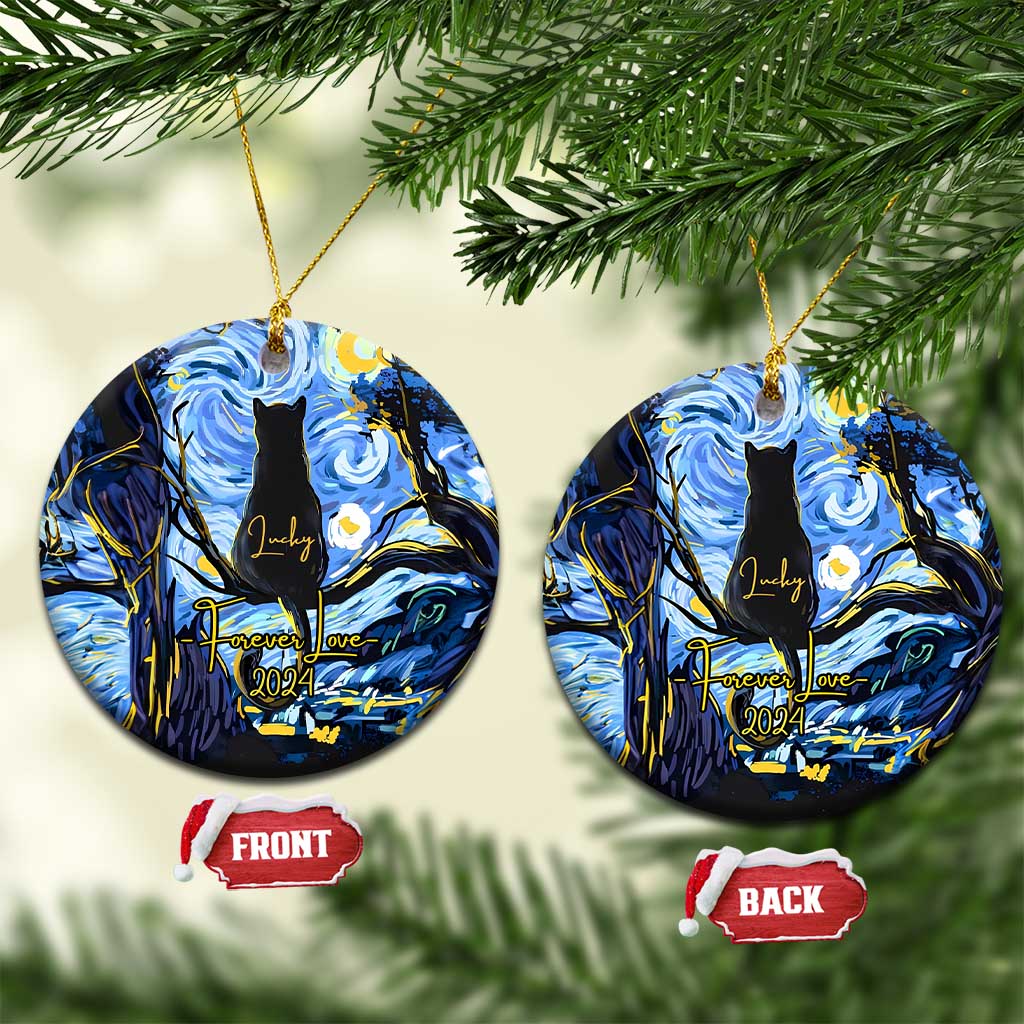 Personalized cat memorial ornament set: two round blue ornaments with front and back views