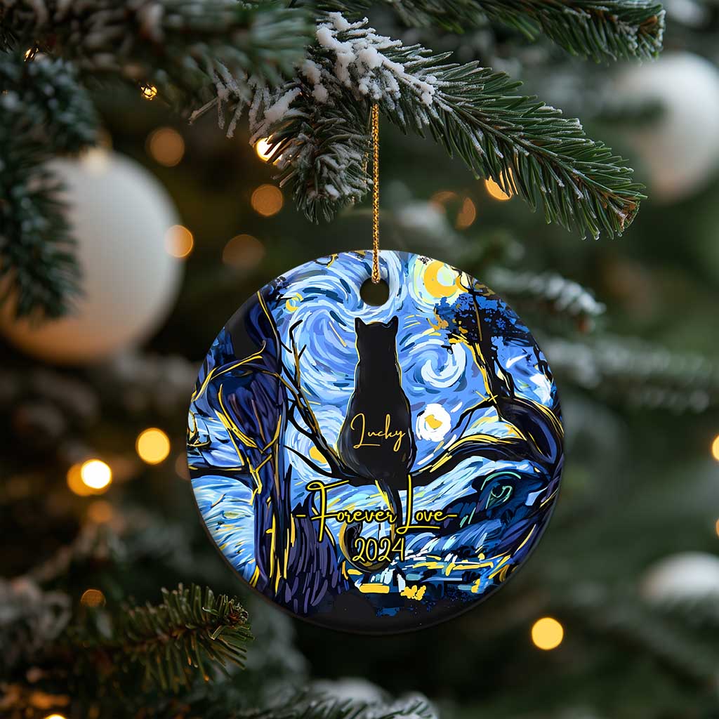 Personalized cat memorial Christmas ornament, round blue design with black cat and gold text