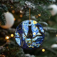 Personalized cat memorial Christmas ornament, round blue design with black cat and gold text