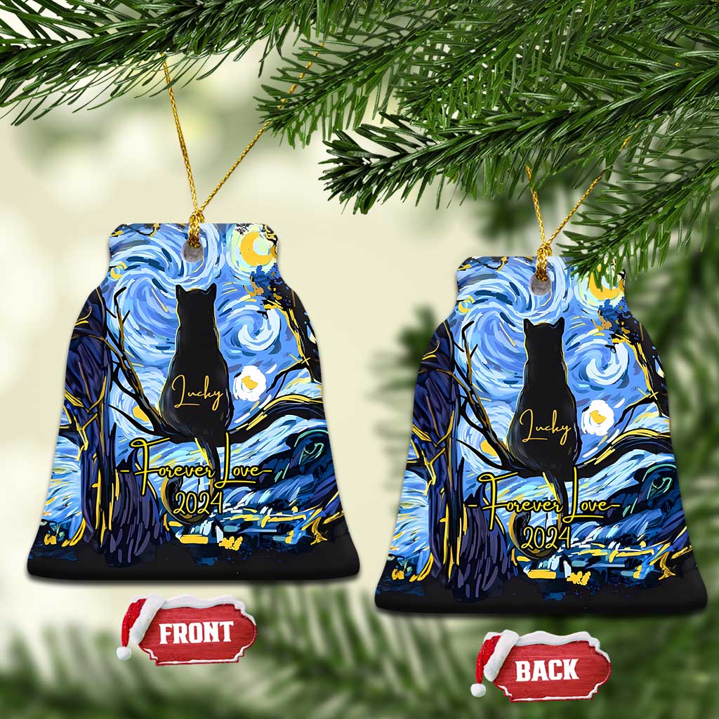 Personalized cat memorial bell ornament set: two blue bell shapes with front and back labels
