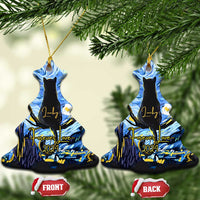 Personalized cat memorial bell ornament set: two blue bell shapes with front and back labels