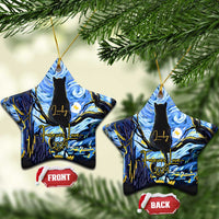 Personalized cat memorial star ornament set: two blue stars with black cat silhouette