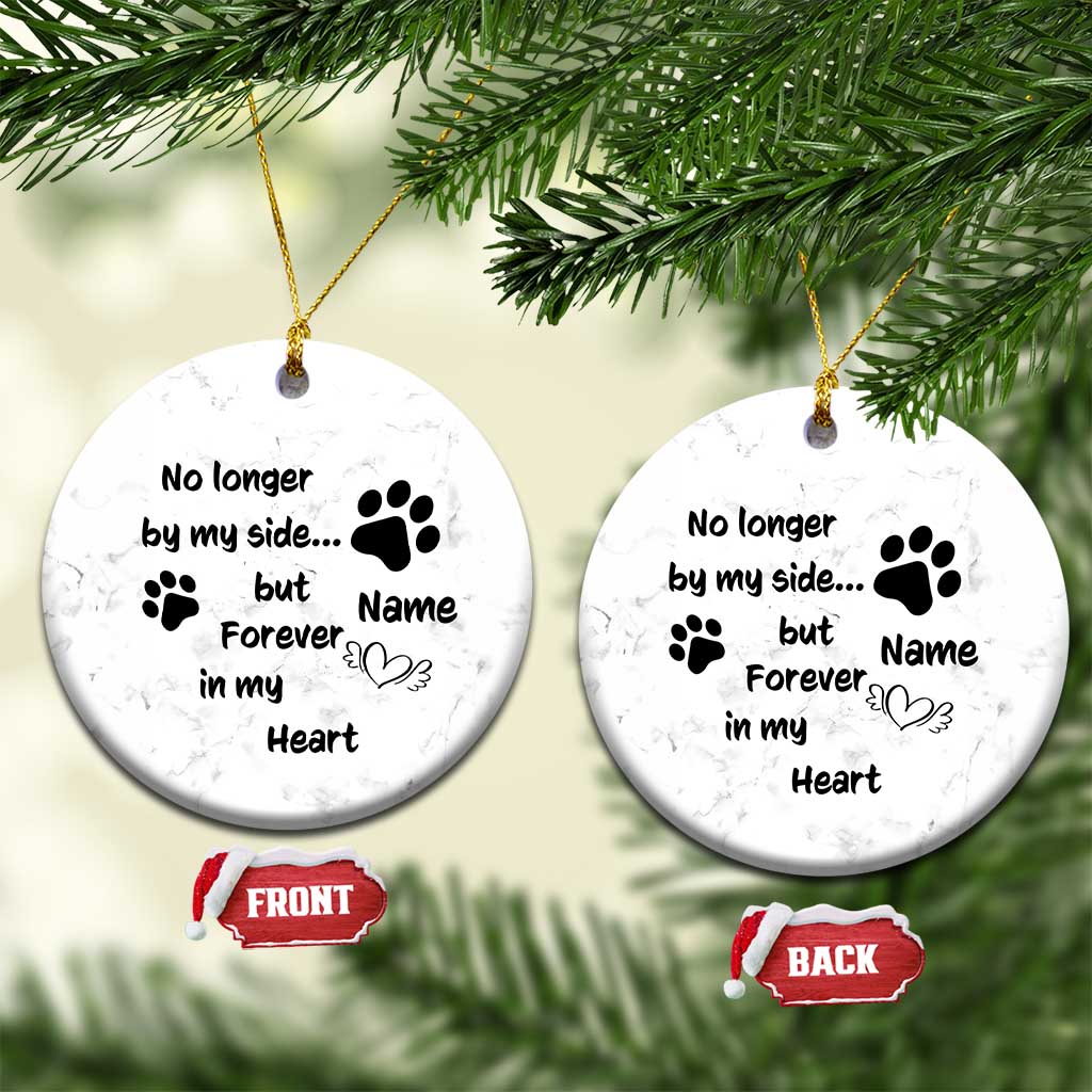 Marble white round dog memorial ornaments (front and back) with paw prints and Name