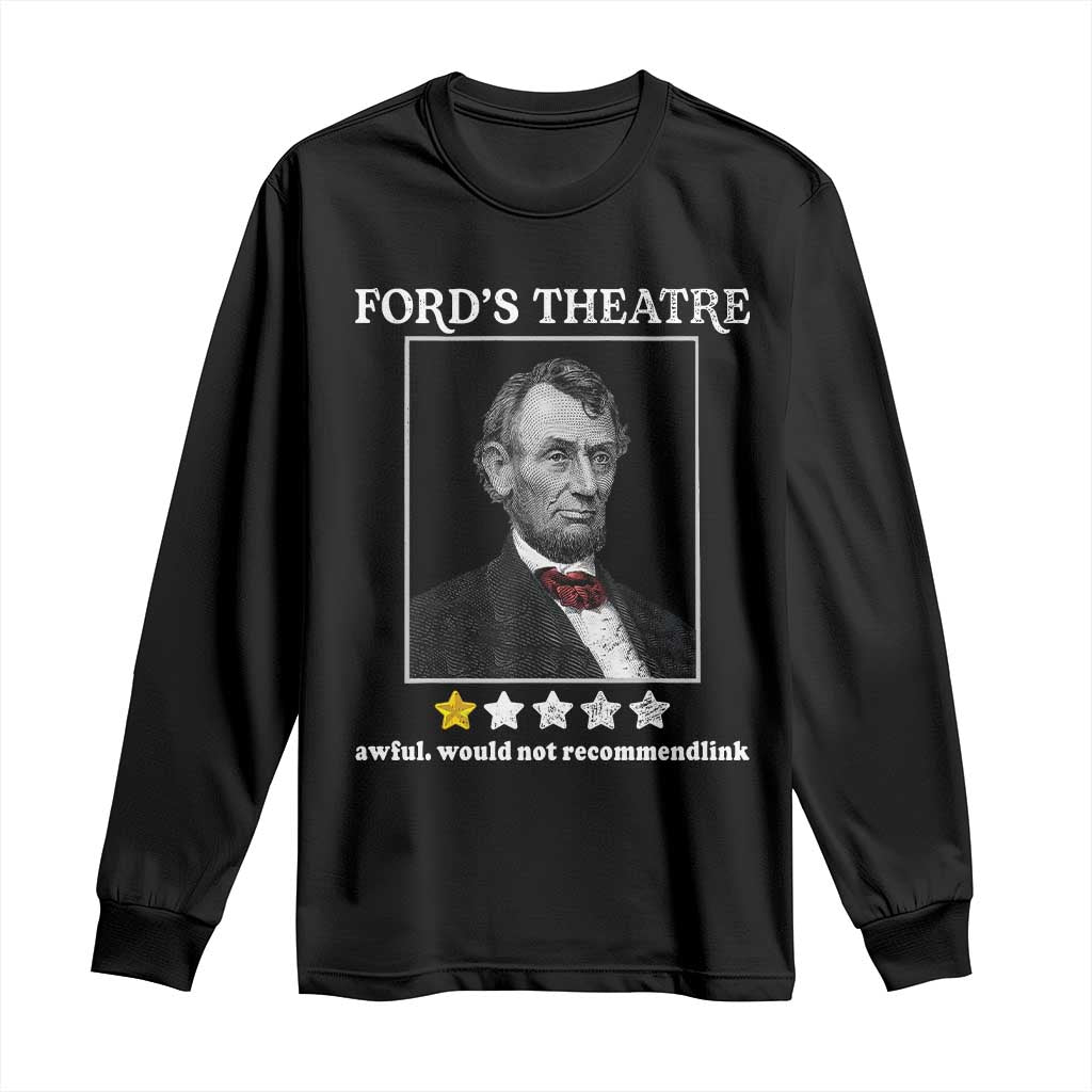 Black long-sleeve T-shirt with Lincoln portrait, 'FORD'S THEATRE' print and star rating