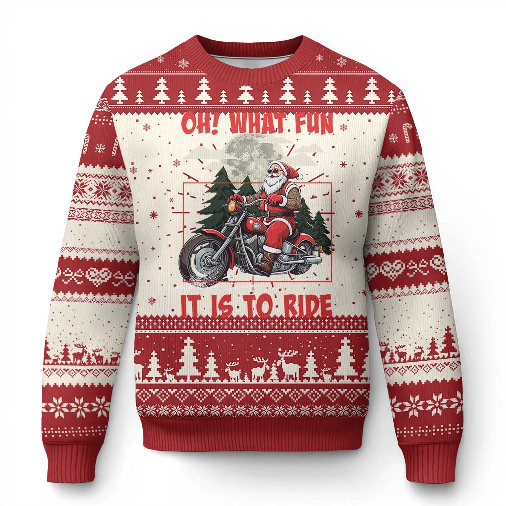 Red crewneck sweater with Santa biker graphic and text "Oh! What Fun" "It's to Ride"