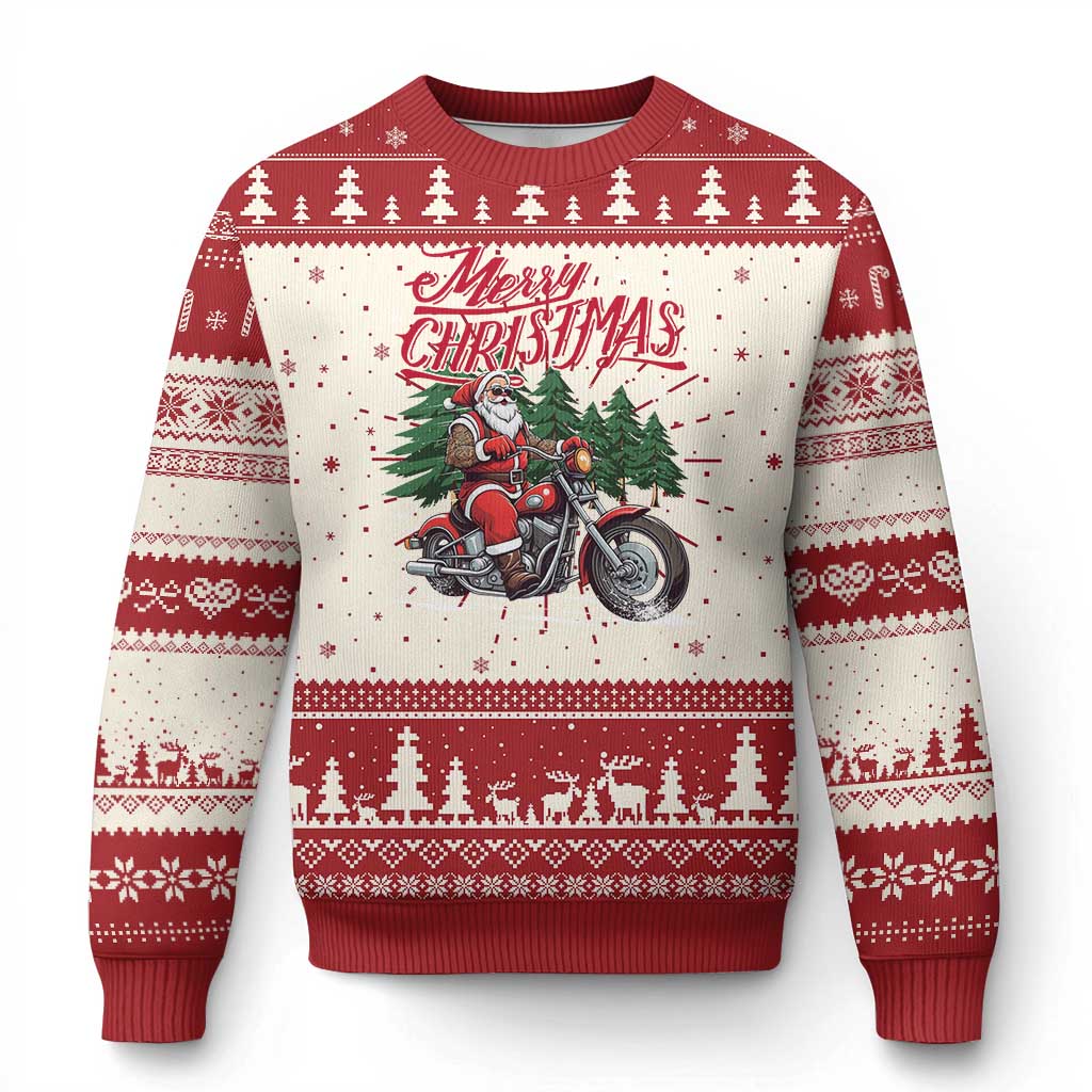Red and cream Christmas sweater with motorbike Santa graphic and festive border knit