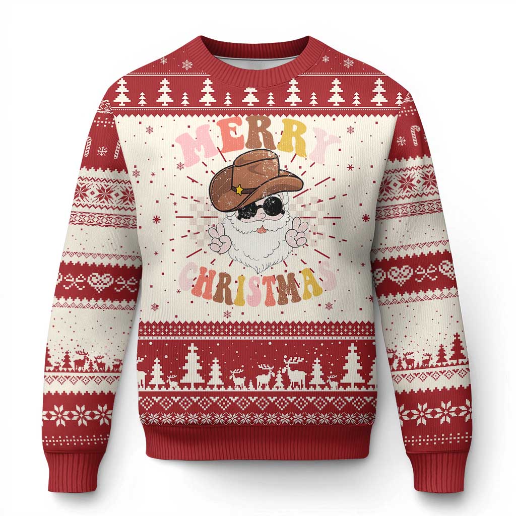 Red and cream Christmas sweater with cowboy-hat Santa graphic and tree pattern