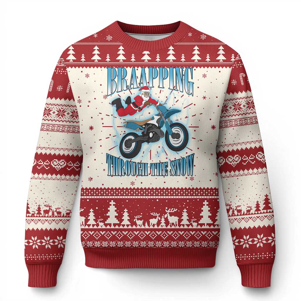 Red and cream motocross ugly Christmas sweater with biker graphic and snowflake knit