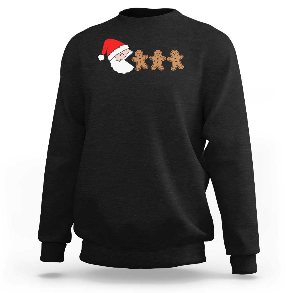 Black Christmas sweatshirt with Santa and gingerbread men graphic, crewneck long sleeves
