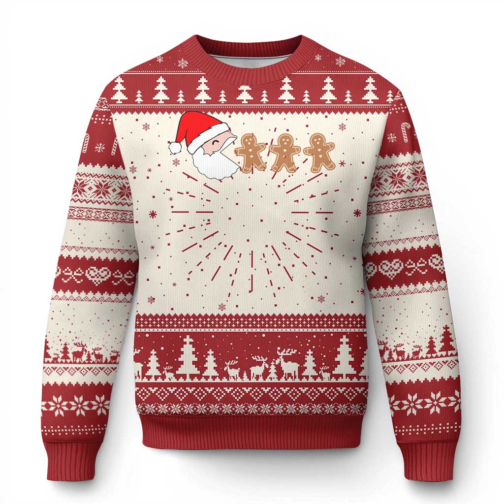 Red Christmas sweater with Santa eating gingerbread men graphic and snowflake knit pattern.