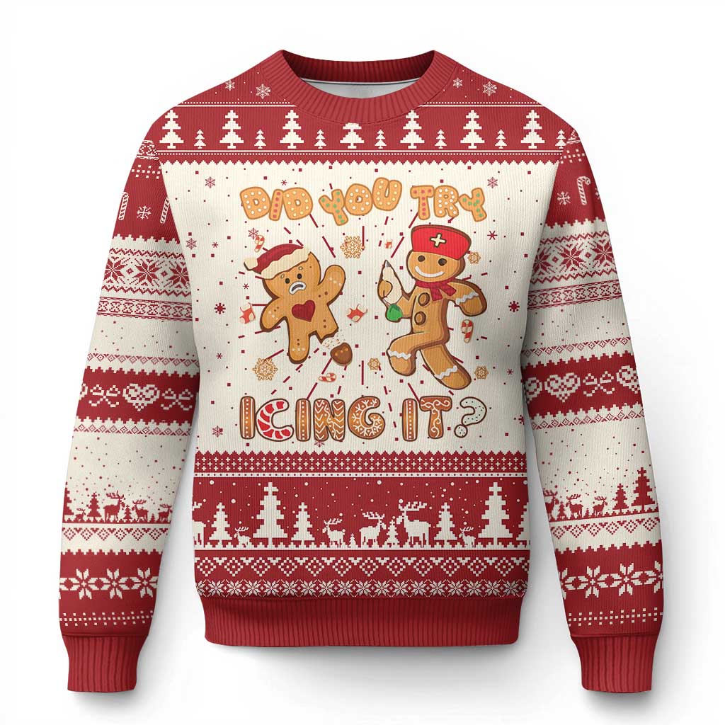 Red ugly Christmas sweater with gingerbread nurse characters and festive tree stripe pattern
