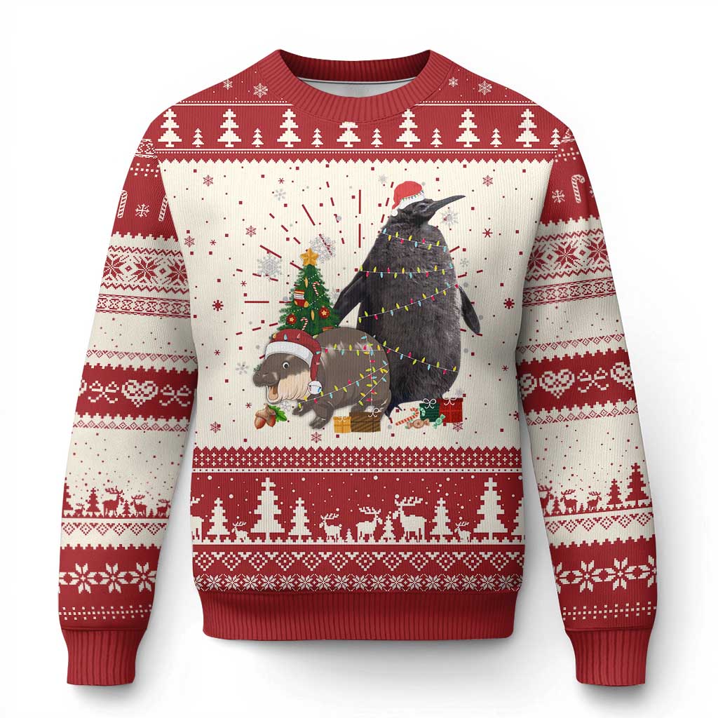 Red and cream holiday ugly Christmas sweater with large penguin graphic and snowflake print