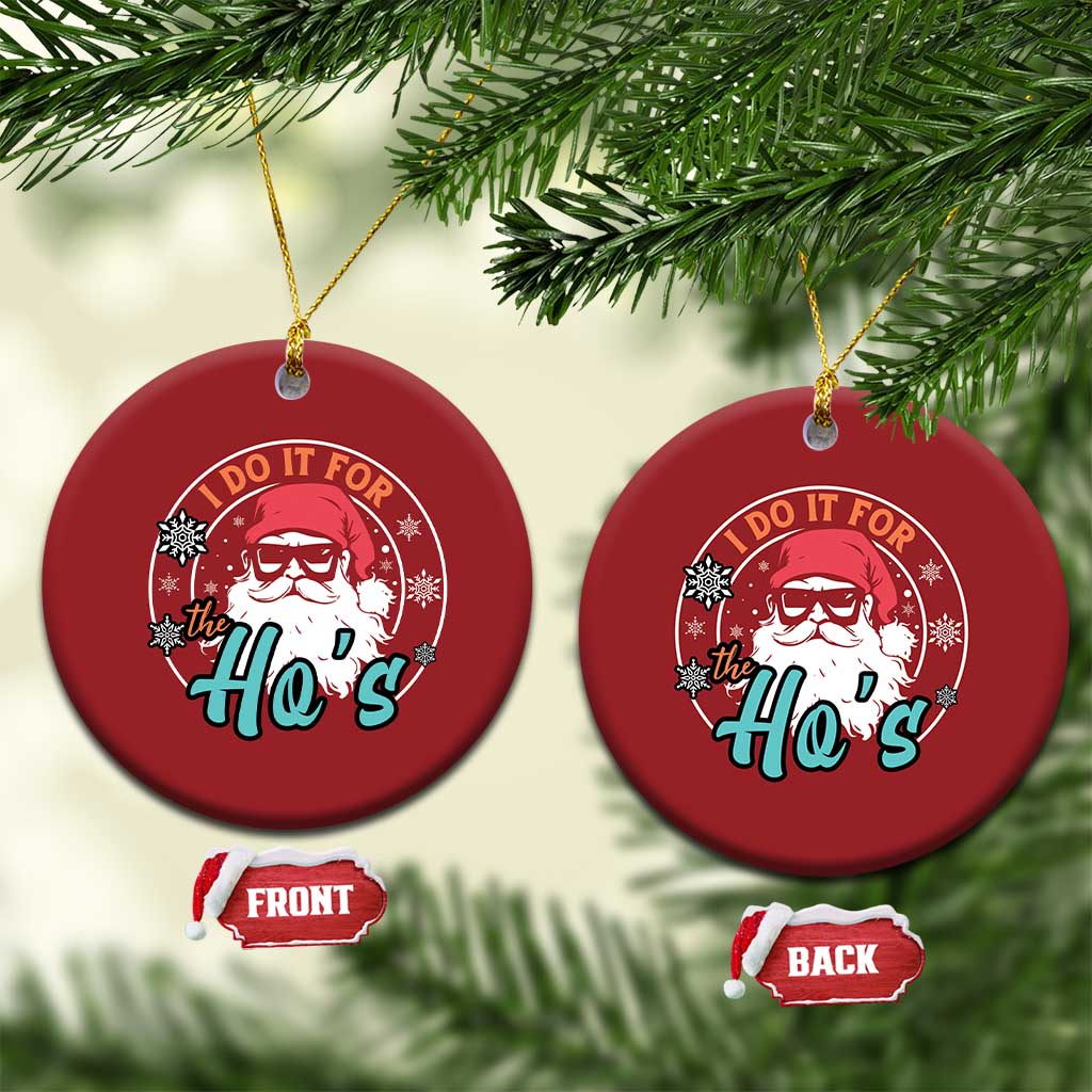 Set of two red round Christmas ornaments with Santa design, front and back sides shown
