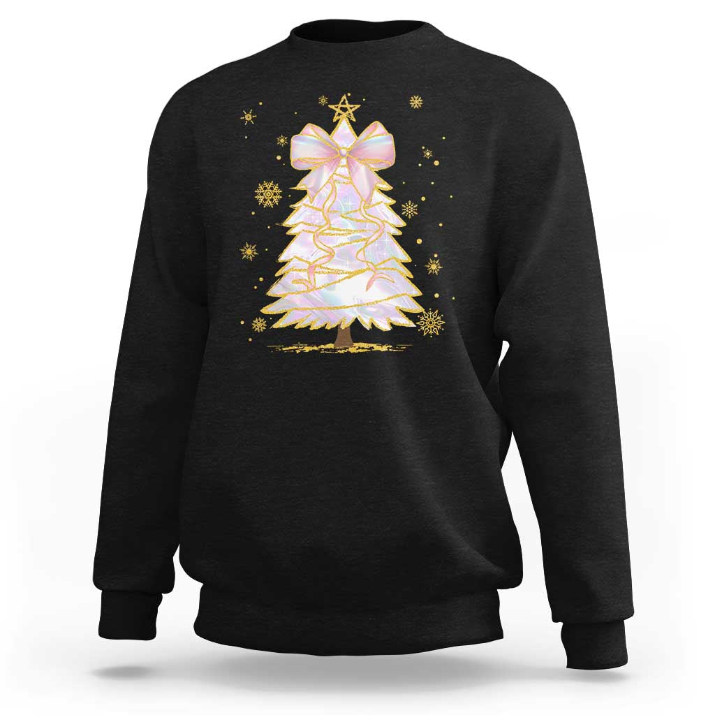 Black crewneck sweatshirt with glitter bow-topped Christmas tree graphic