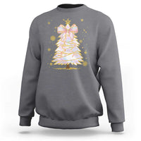 Charcoal gray crewneck sweatshirt with glitter bow-topped Christmas tree graphic