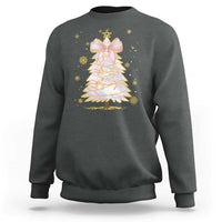 Dark heather crewneck sweatshirt with glitter bow-topped Christmas tree graphic