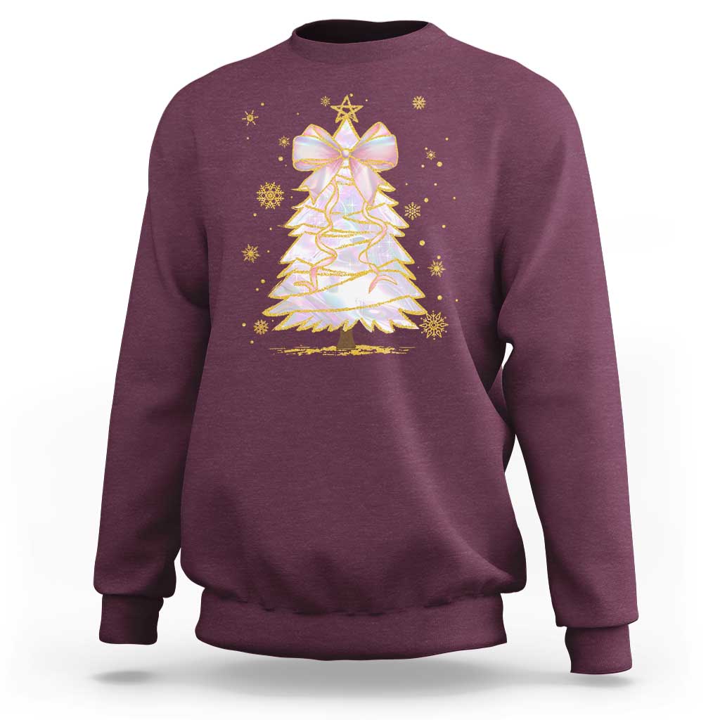 Maroon crewneck sweatshirt with glitter bow-topped Christmas tree graphic