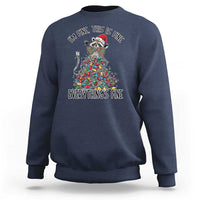 Navy Christmas raccoon sweatshirt with holiday lights graphic, "Everything's Fine"