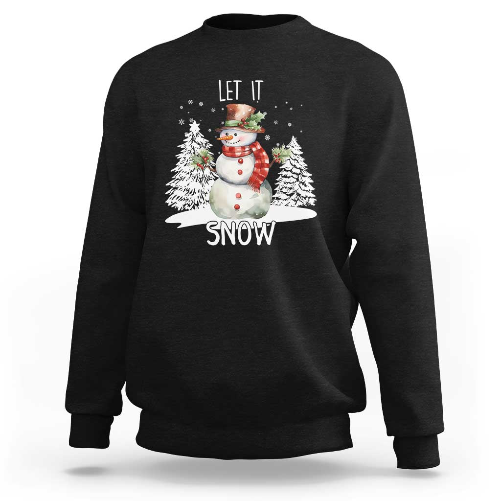 Black crewneck sweatshirt with snowman graphic and 'LET IT SNOW' text