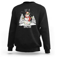 Black crewneck sweatshirt with snowman graphic and 'LET IT SNOW' text