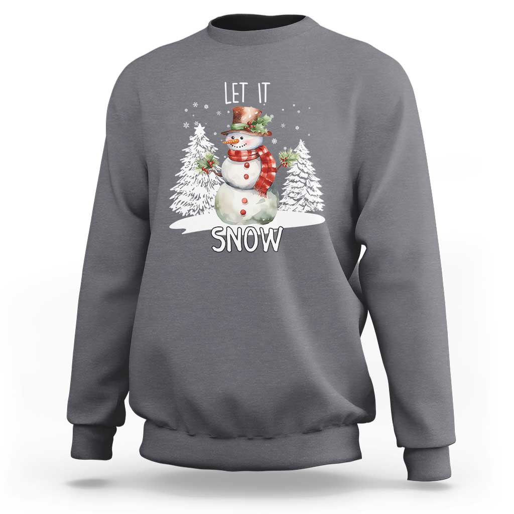 Charcoal gray crewneck sweatshirt with snowman graphic and 'LET IT SNOW' text