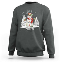 Dark heather crewneck sweatshirt with snowman graphic and 'LET IT SNOW' text
