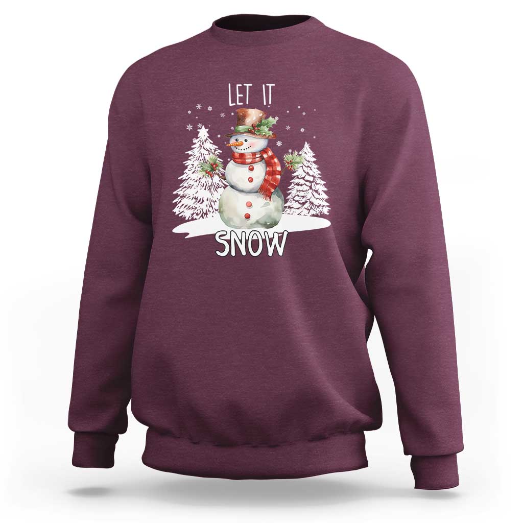 Maroon crewneck sweatshirt with snowman graphic and 'LET IT SNOW' text