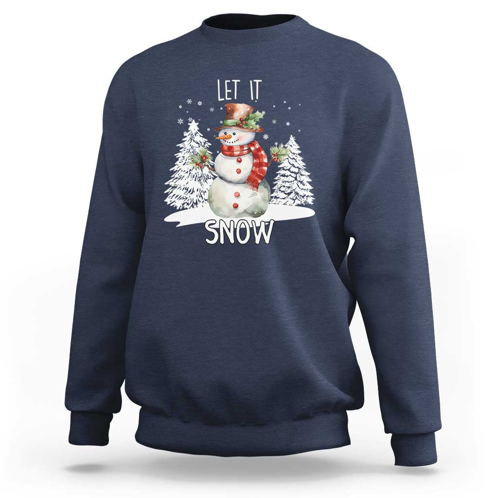 Navy crewneck sweatshirt with snowman graphic and 'LET IT SNOW' text