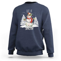 Navy crewneck sweatshirt with snowman graphic and 'LET IT SNOW' text