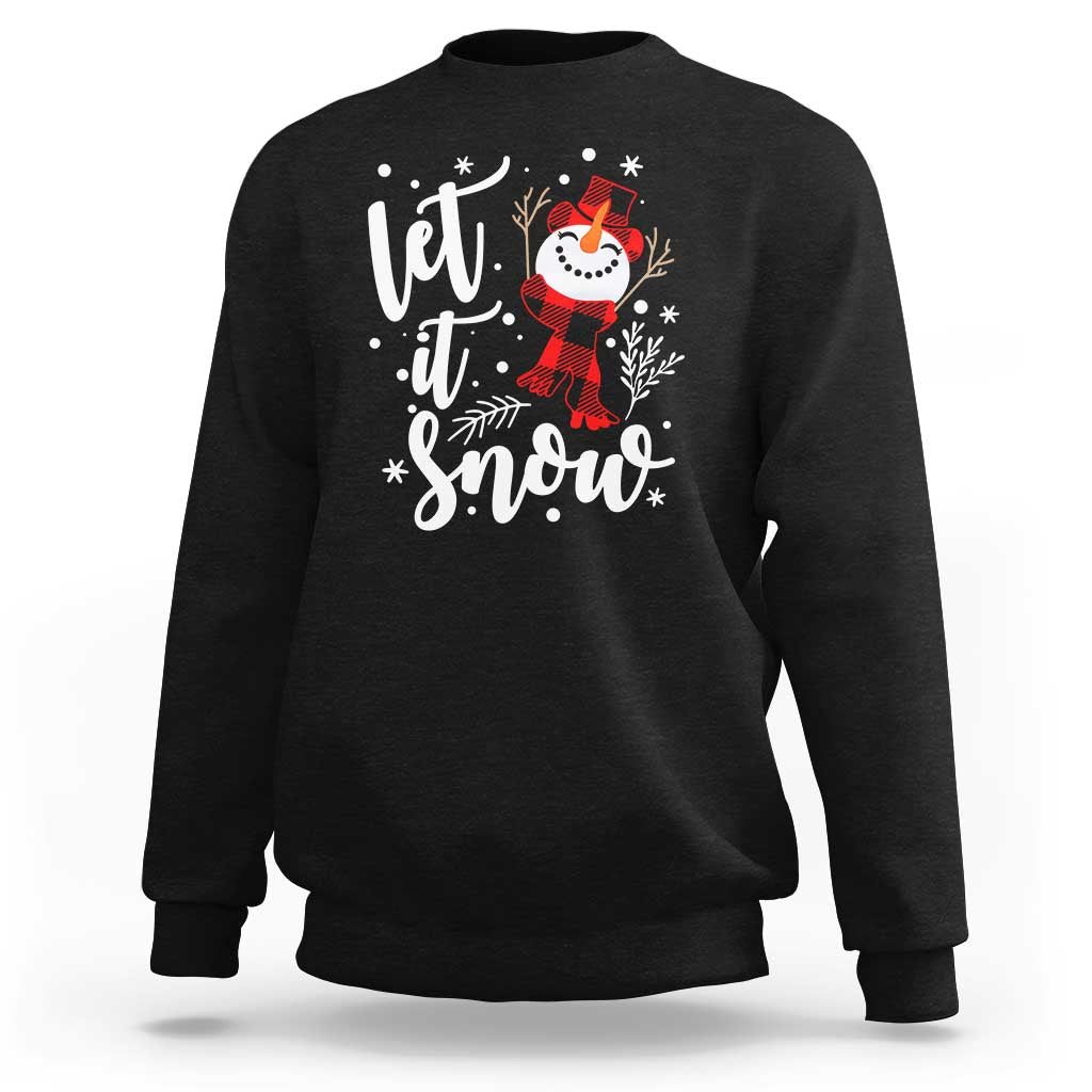 Black Christmas sweatshirt with white “Let it Snow” snowman graphic