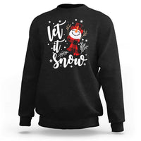 Black Christmas sweatshirt with white “Let it Snow” snowman graphic