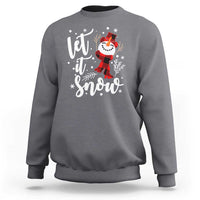 Charcoal gray Christmas sweatshirt with white “Let it Snow” snowman graphic