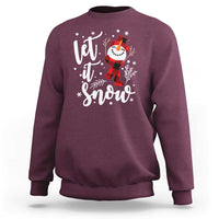 Maroon Christmas sweatshirt with white “Let it Snow” snowman graphic
