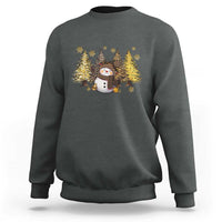 Christmas snowman sweatshirt, dark heather gray, front graphic of snowman with trees