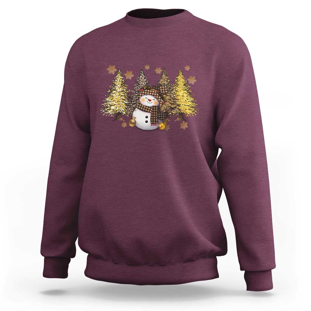 Christmas snowman sweatshirt, maroon, front graphic of snowman with Christmas trees