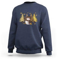 Christmas snowman sweatshirt, navy, front graphic of cute snowman with glowing trees