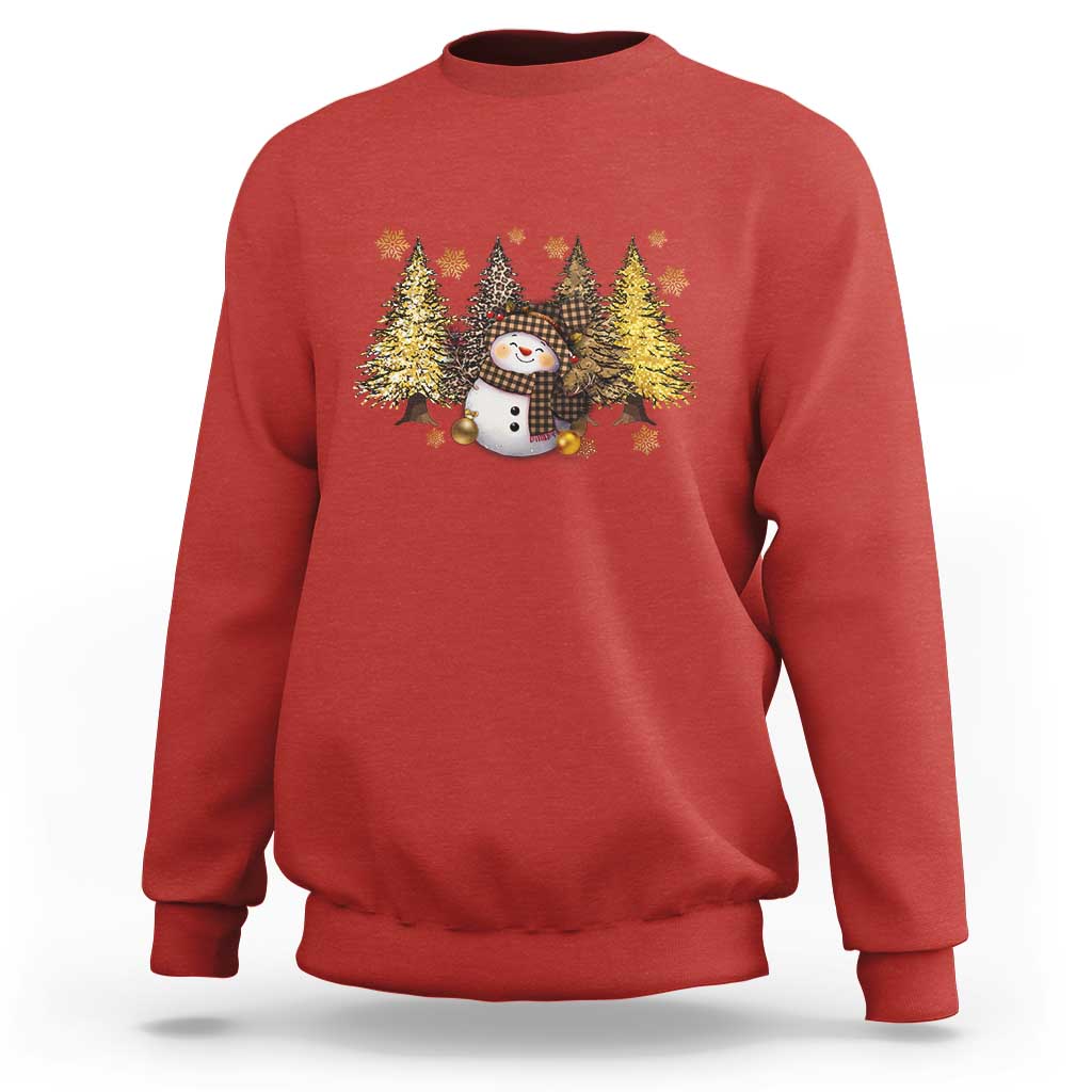 Christmas snowman sweatshirt, red, front graphic of cute snowman with tree lights