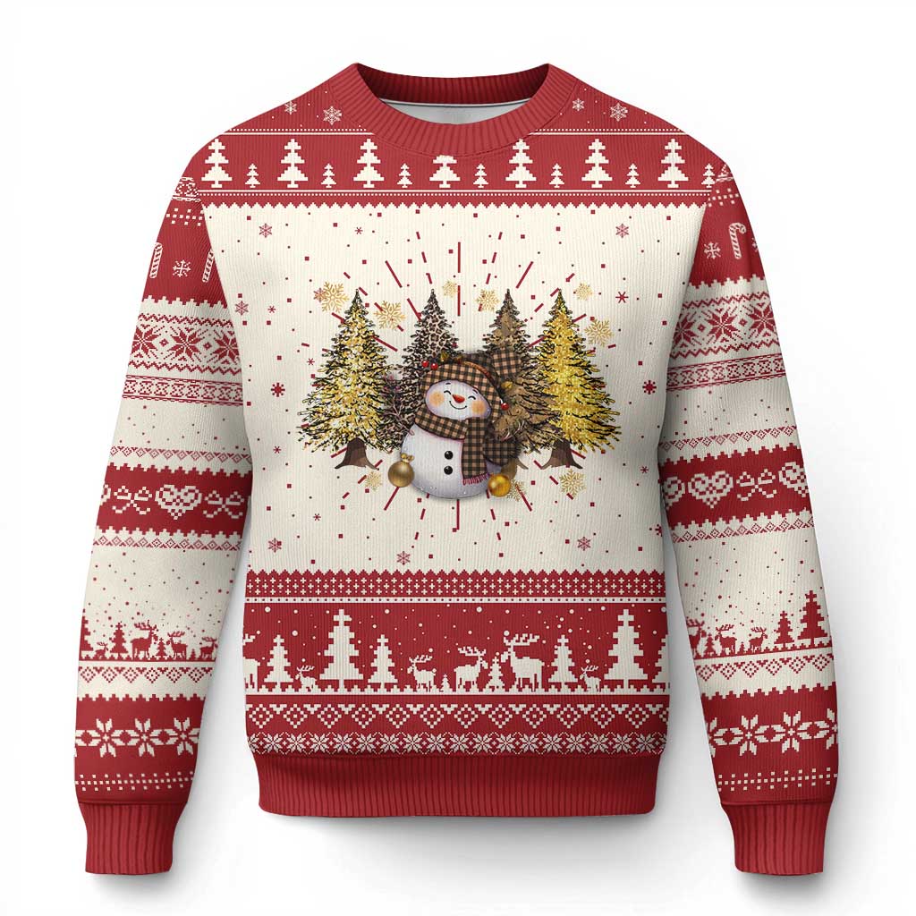 Red and cream Christmas sweater with snowman, trees, and festive fair isle pattern.