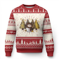 Red and cream Christmas sweater with snowman, trees, and festive fair isle pattern.