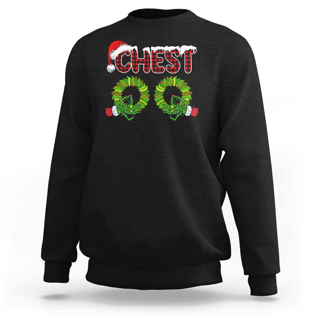 Black crewneck sweatshirt with 'CHEST' chestnut graphic on front