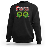 Black crewneck sweatshirt with 'CHEST' chestnut graphic on front