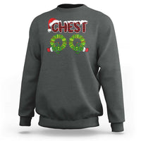 Dark heather crewneck sweatshirt with 'CHEST' chestnut graphic on front