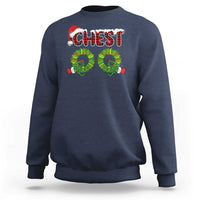 Navy crewneck sweatshirt with 'CHEST' chestnut graphic on front